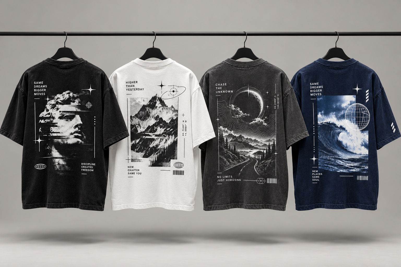 Back designs of INFONORAY’s washed black, white, dark grey and navy oversized tees hanging on a black rail.